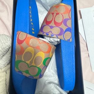 🔥Coach men's rainbow blue slides pool sandals flip-flops shoes new Logo Summer
